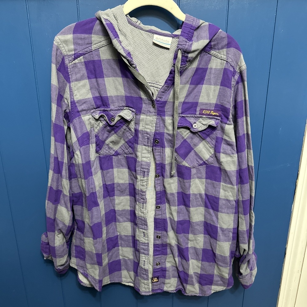LSU Tigers Columbia Hoodie Lumberjack Purple/Grey Button Down Shirt Womens 1X‎